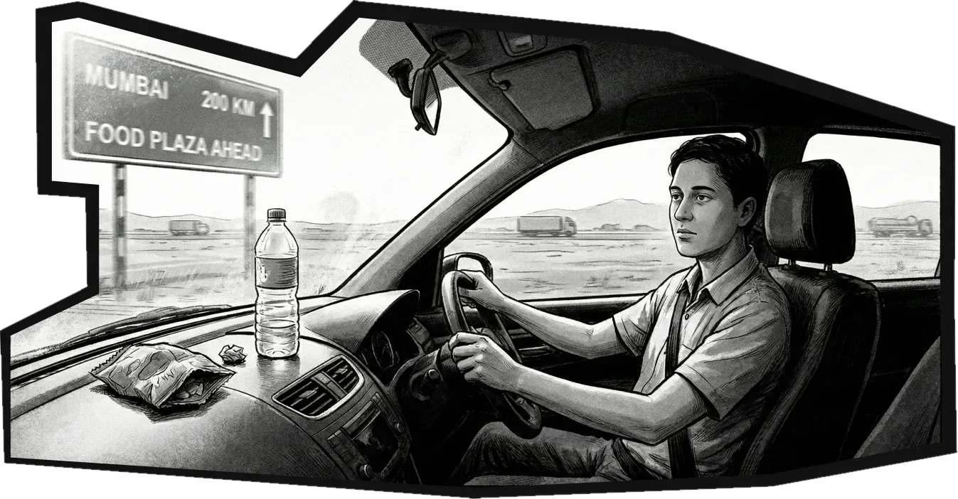 Comic panel: a driver on the highway glances at an empty water bottle