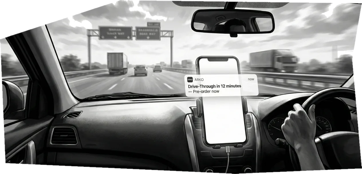Comic panel: a phone on the dashboard shows a drive-through alert 12 minutes ahead