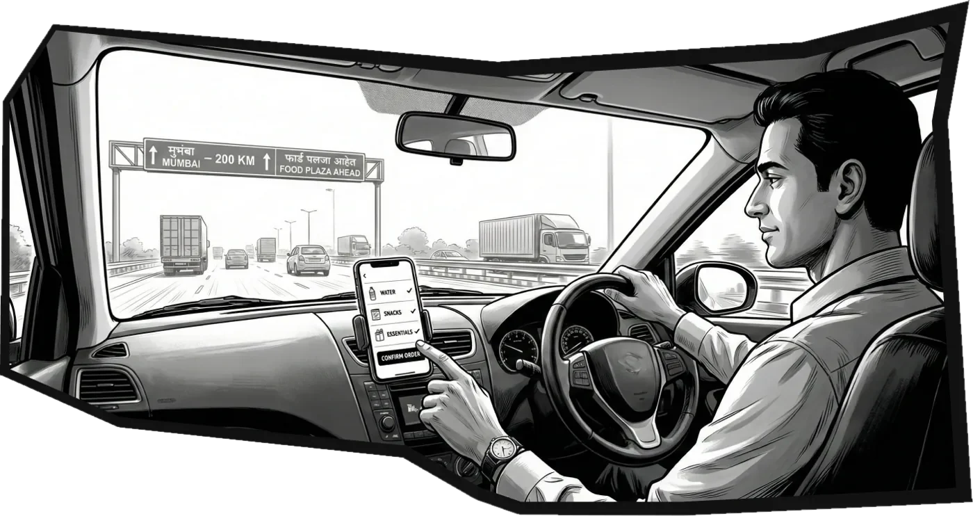 Comic panel: the driver taps water, snacks and essentials on a dashboard-mounted phone