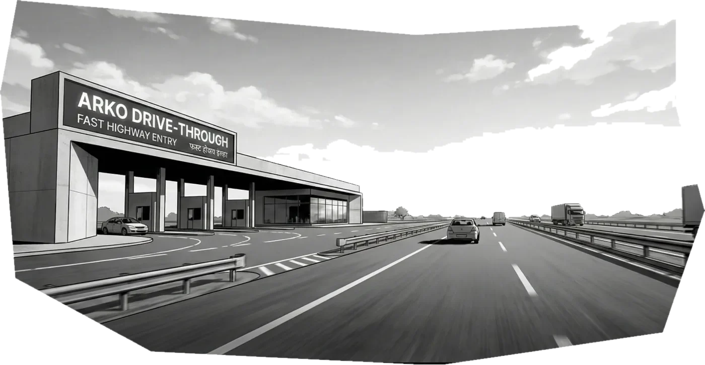 Comic panel: a drive-through station right beside the highway