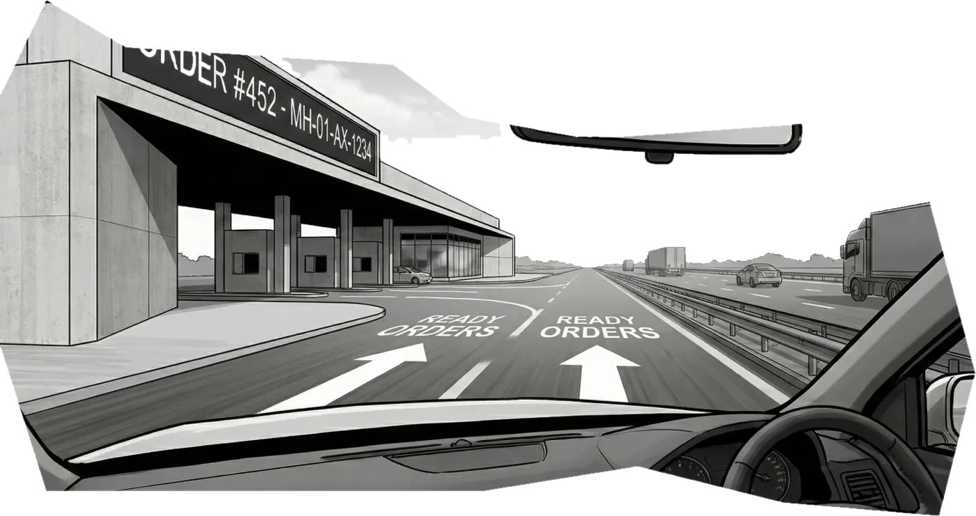 Comic panel: lane markings split cars toward ready-order windows