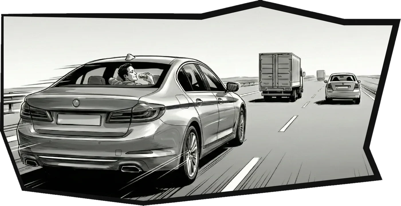 Comic panel: the car drives on down the highway past a truck