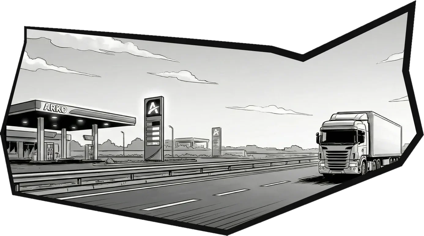 Comic panel: the station seen from the road with a truck passing