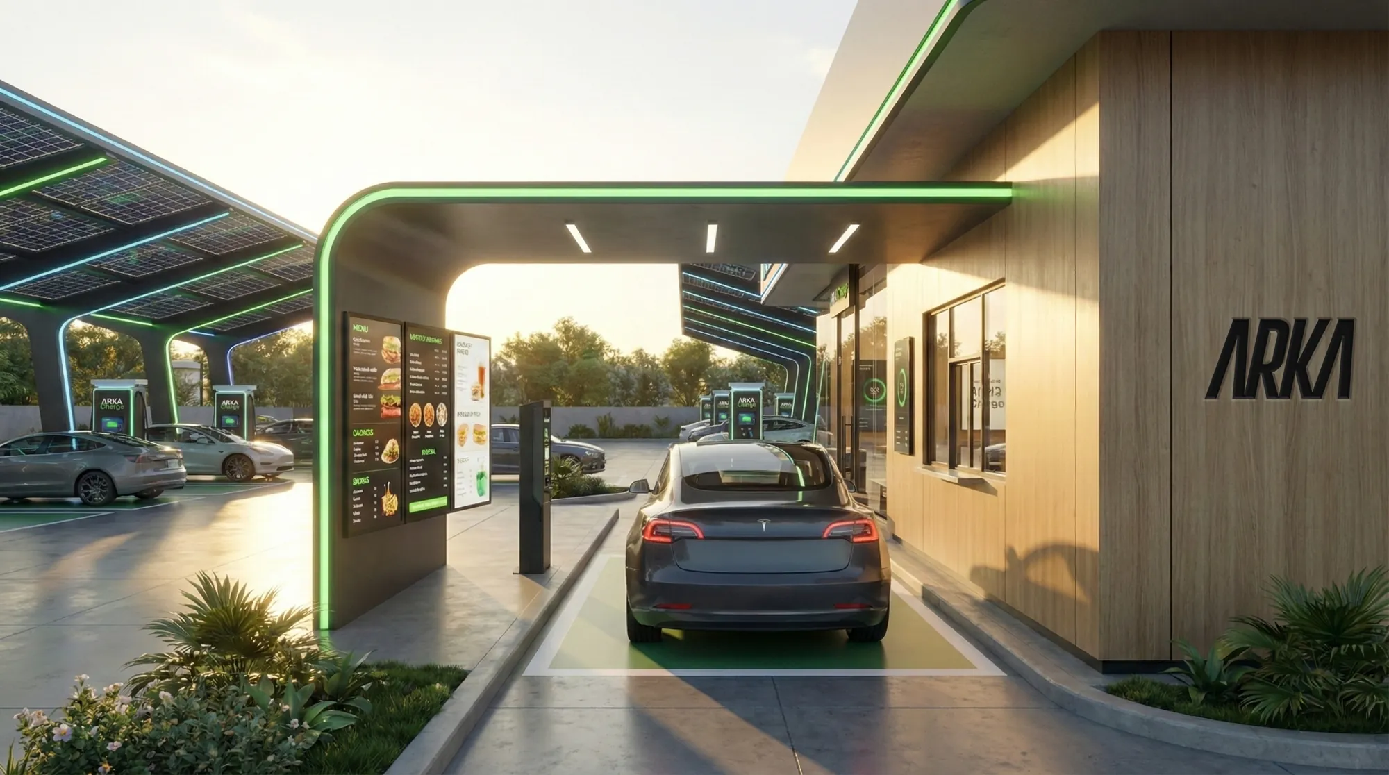 AI render of an ARKA drive-through lane at sunset