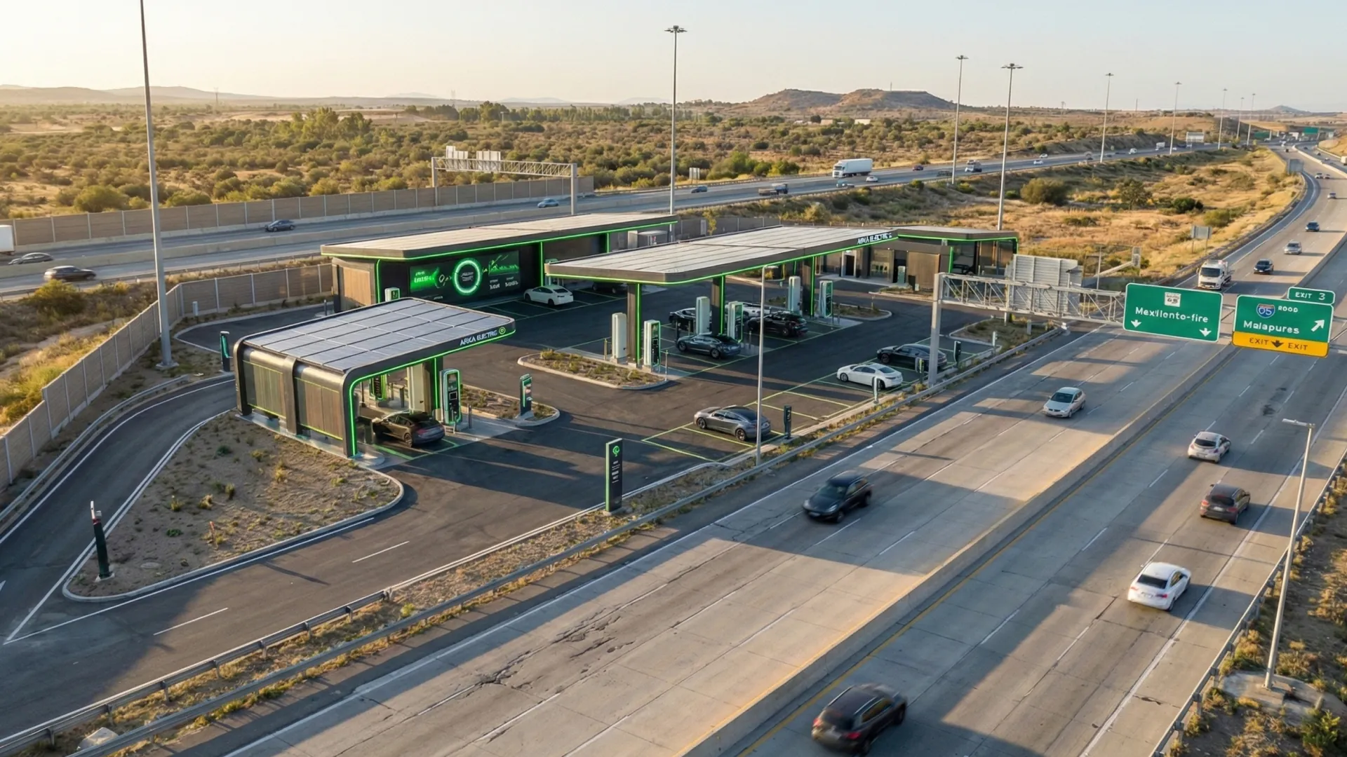 AI render of a highway with a roadside station, cars passing