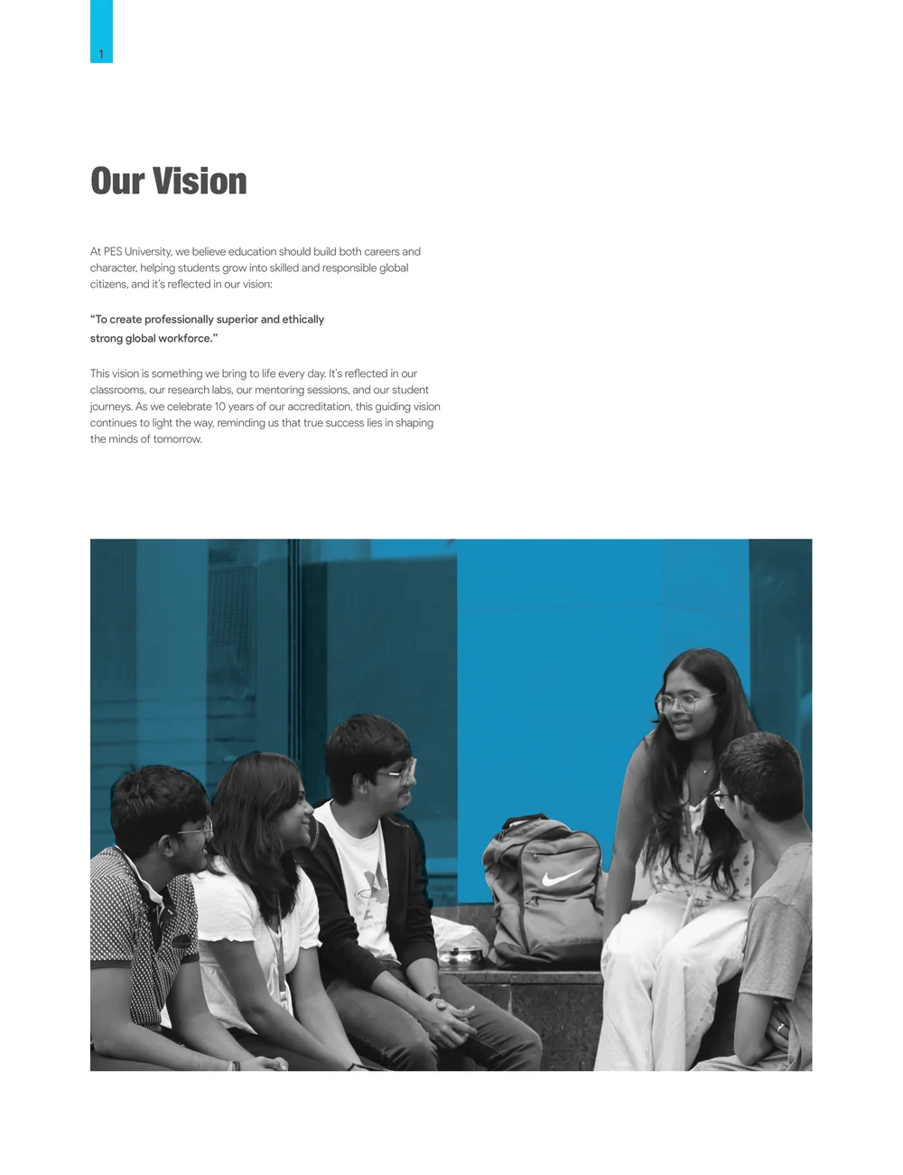 Page 8: At PES University, we believe education should build both careers and character, helping students grow into skilled and responsible global c