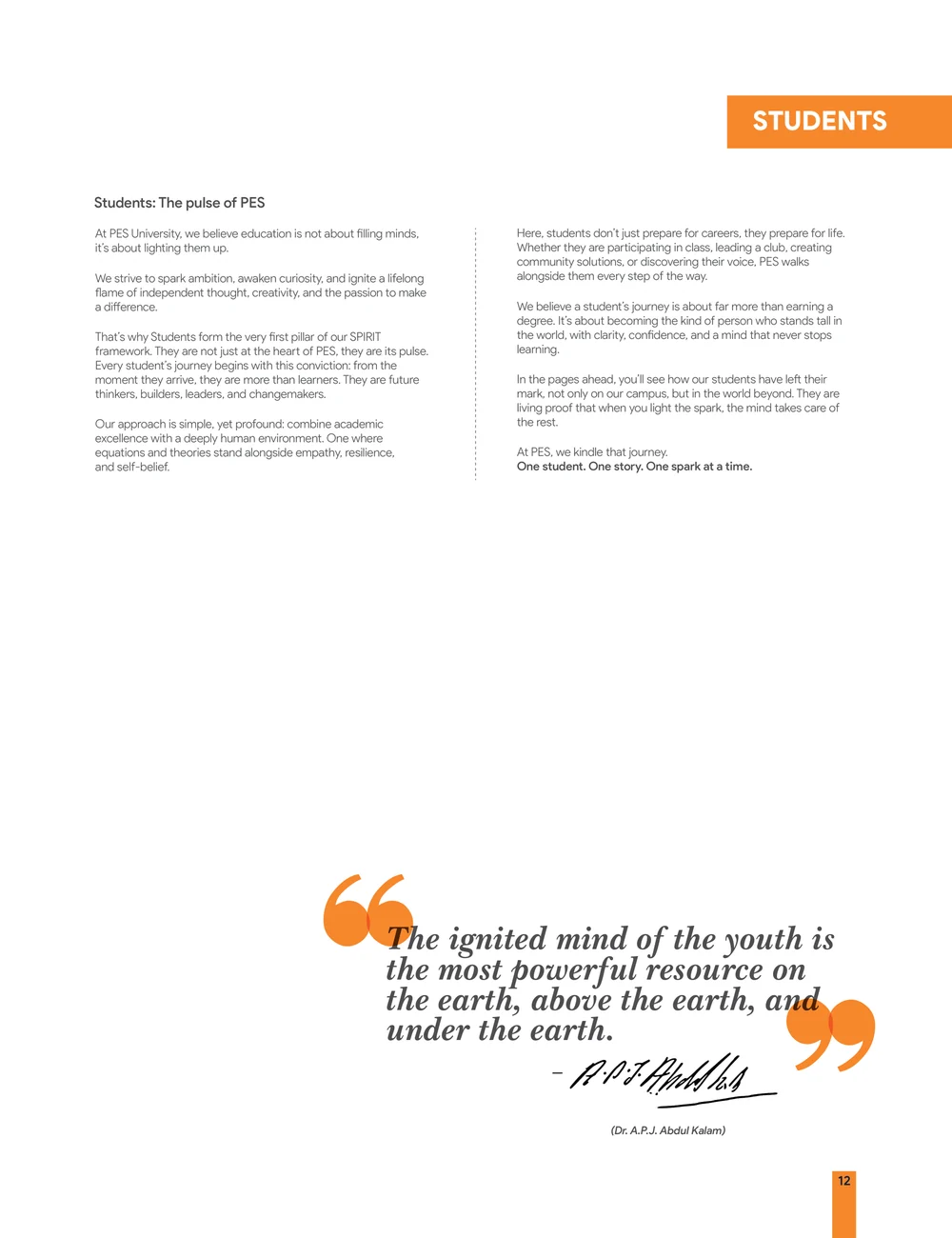 Page 19: The ignited mind of the youth is the most powerful resource on the earth, above the earth, and under the earth. At PES University, we believ