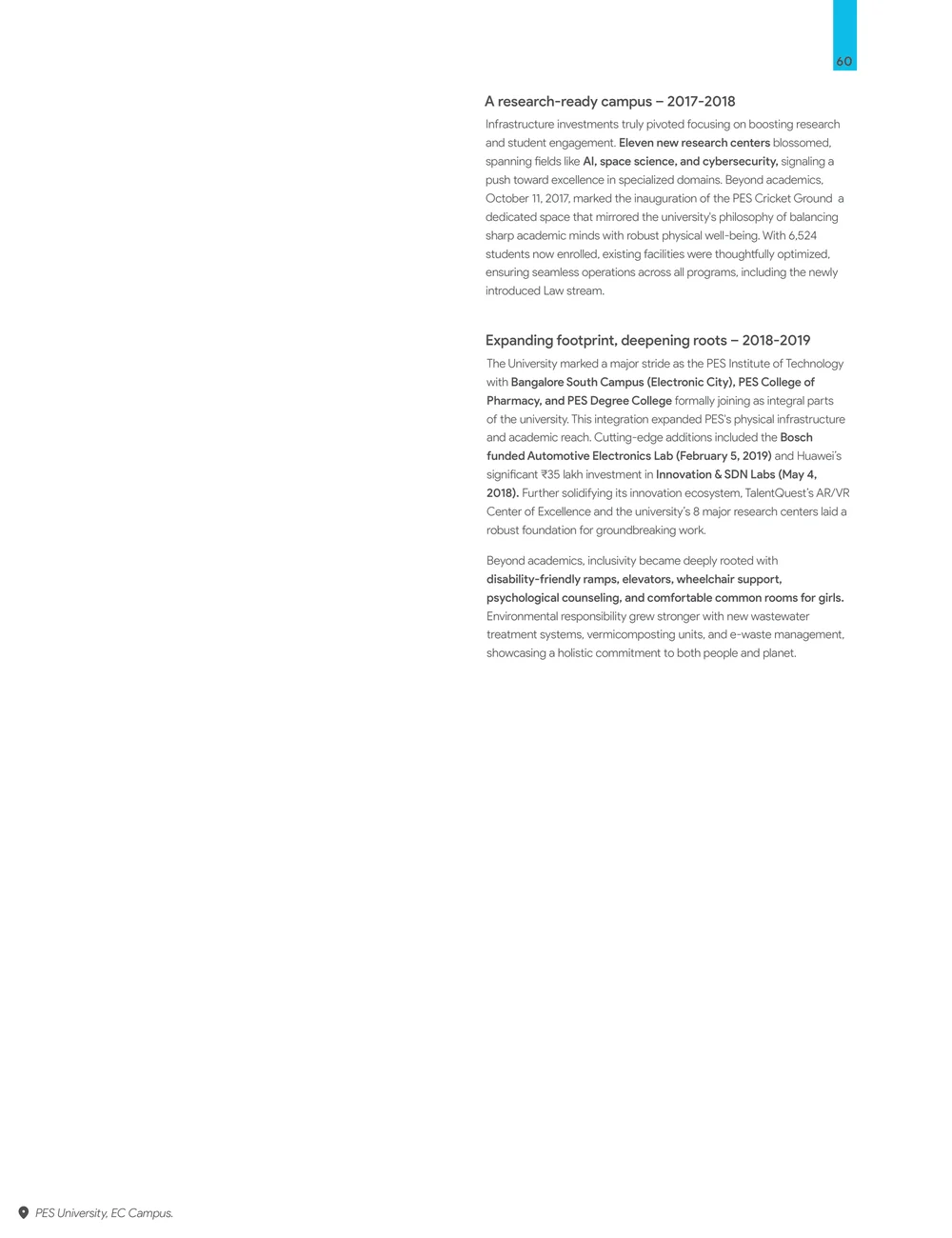 Page 67: 60 PES University, EC Campus. Infrastructure investments truly pivoted focusing on boosting research and student engagement. Eleven new rese