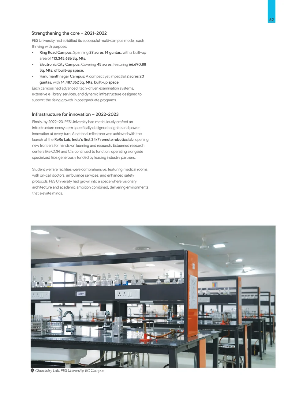 Page 69: 62 Chemistry Lab, PES University, EC Campus PES University had solidified its successful multi-campus model, each thriving with purpose: • R