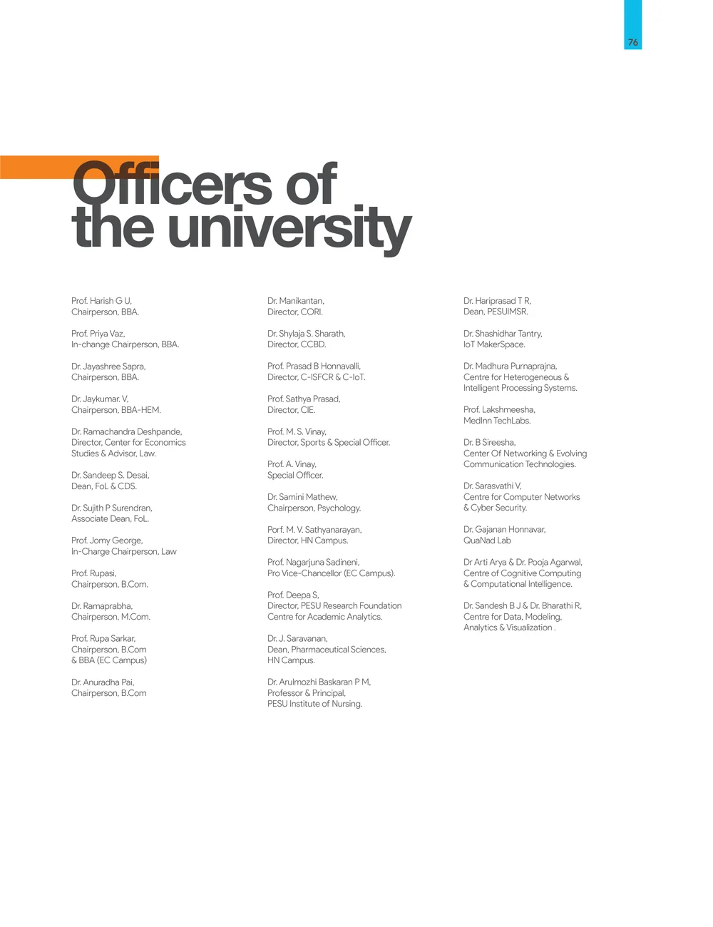 Page 83: Officers of the university Prof. Harish G U, Chairperson, BBA. Prof. Priya Vaz, In-change Chairperson, BBA. Dr. Jayashree Sapra, Chairperson
