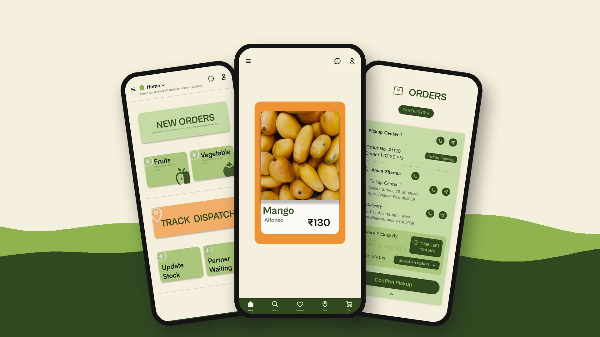 Three DESiPLUCK screens: the farmer home, a Swipe & Buy card and a delivery order