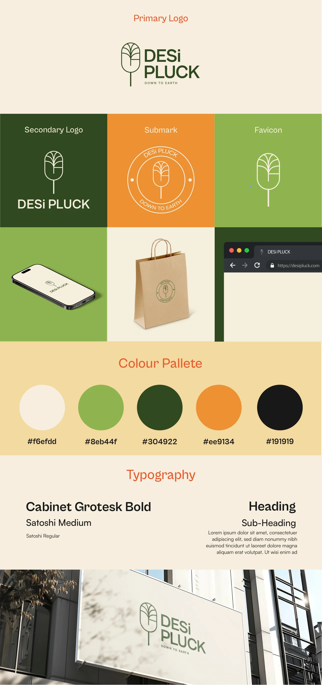 The DESiPLUCK identity sheet: primary and secondary logos, the submark seal, the favicon, the brand on a phone, a paper bag and a browser tab, the palette, the type, and a billboard