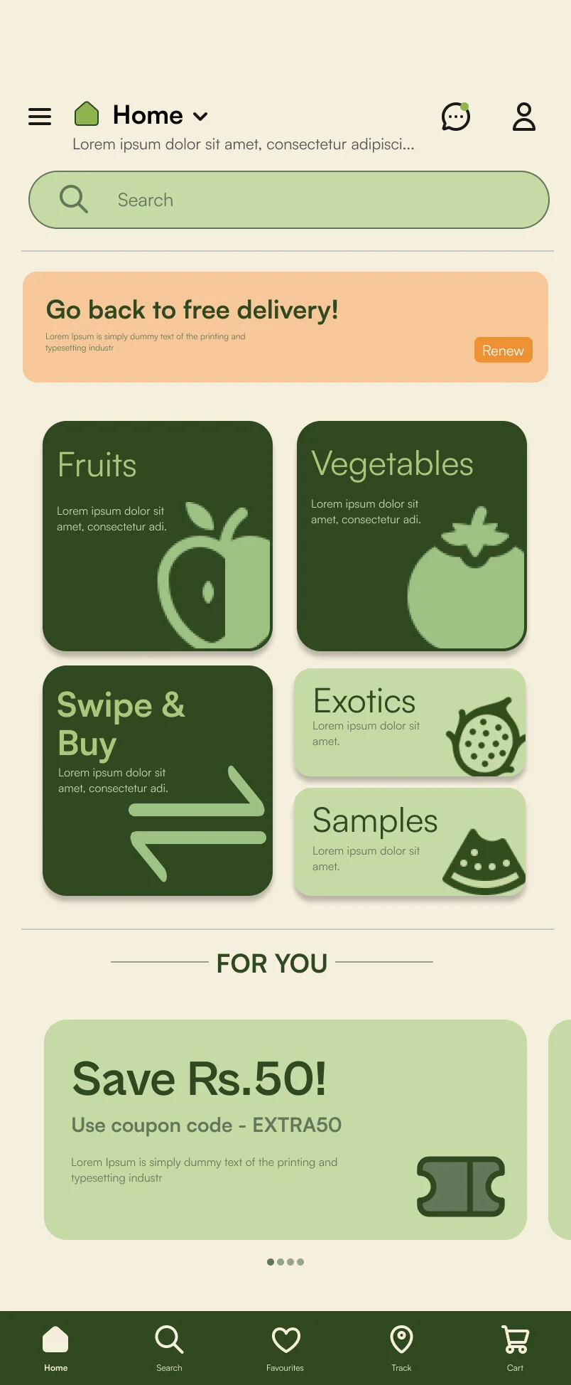 The DESiPLUCK home screen: Fruits, Vegetables, Swipe & Buy, Exotics and Samples