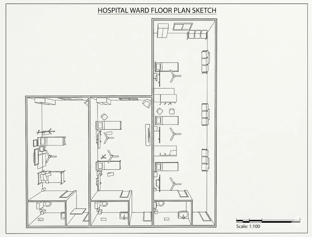 Hand-drawn floor plan of the hospital ward