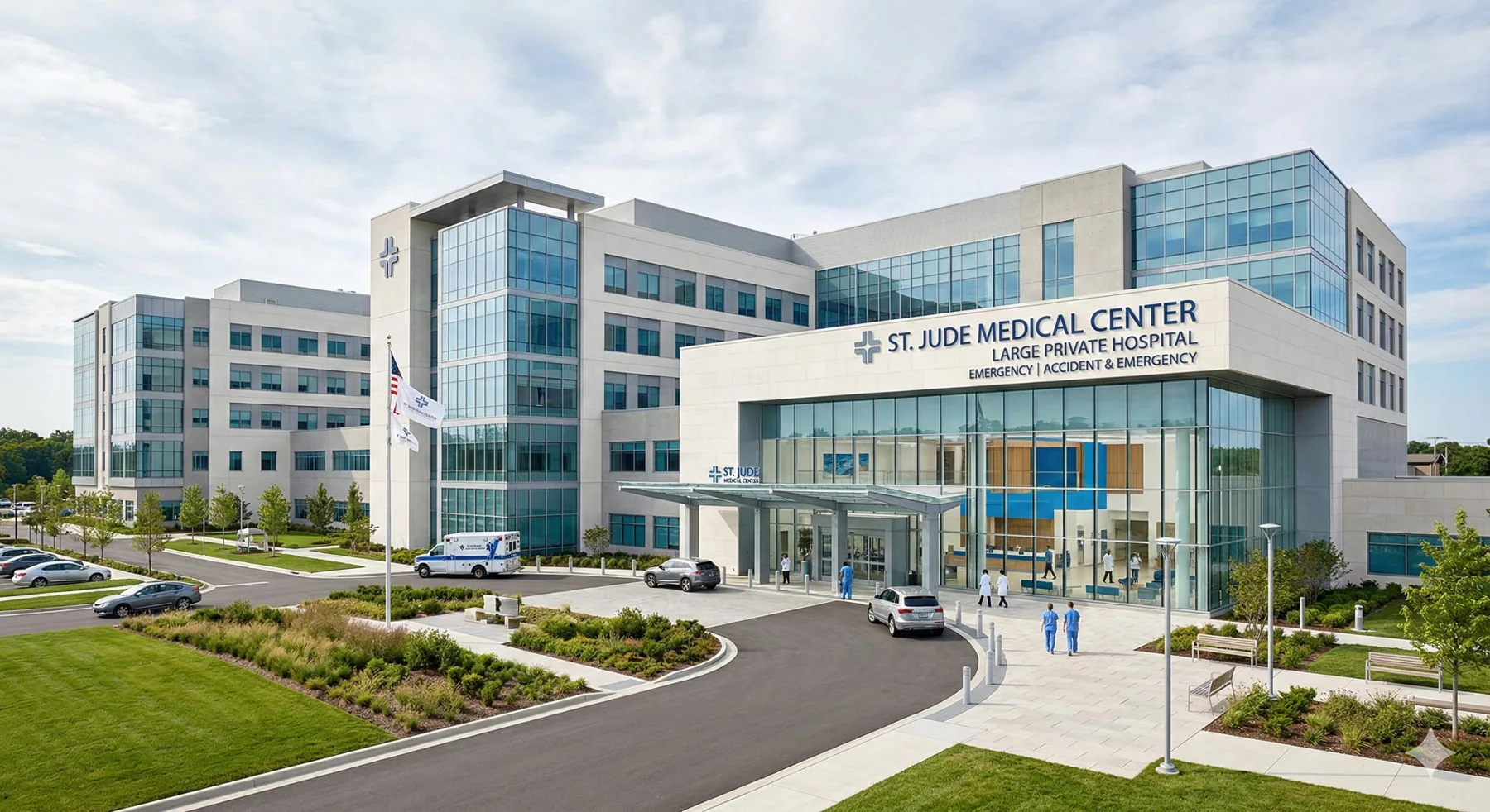 AI image of a modern multi-specialty hospital building
