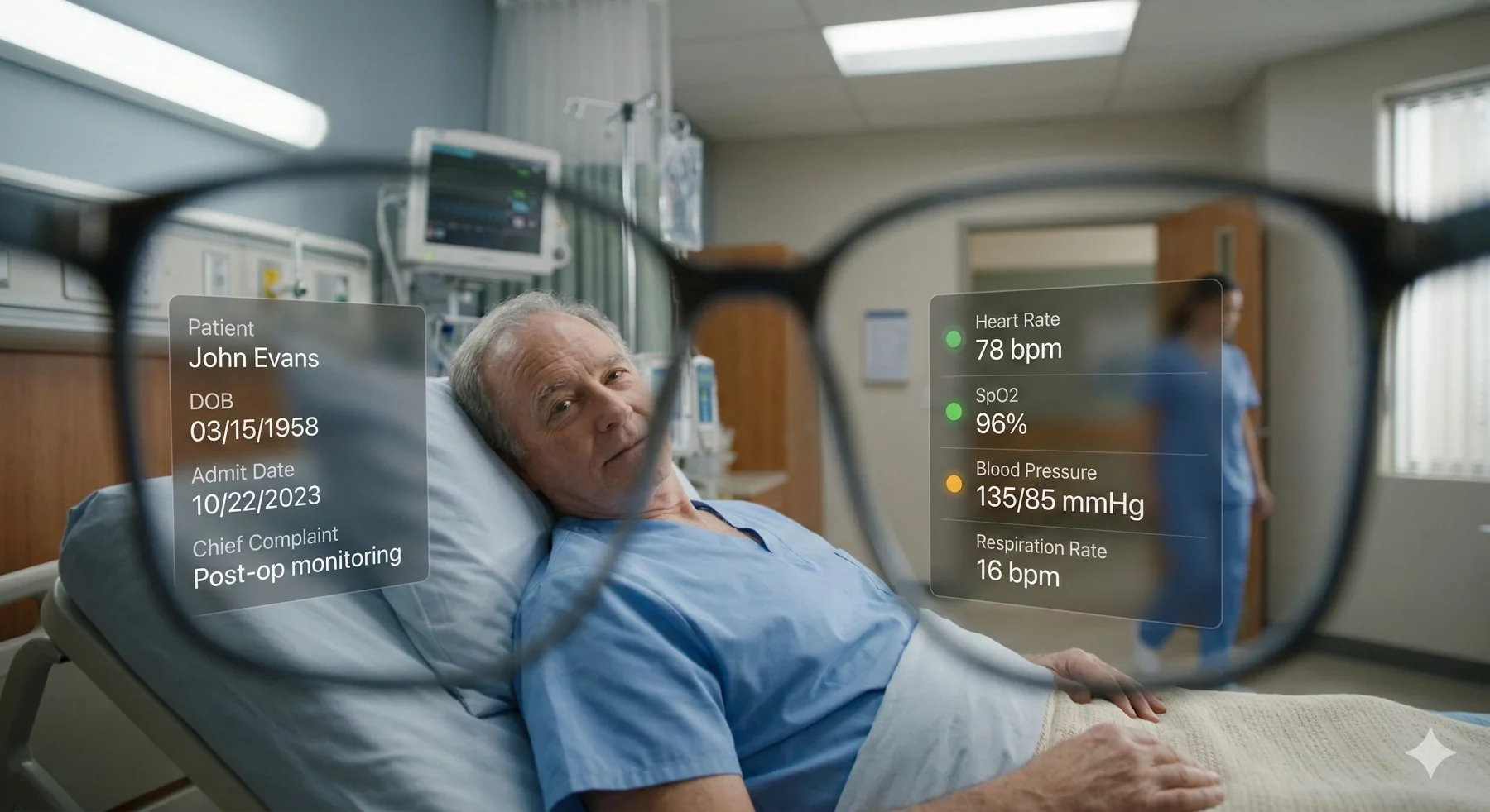 AI image: the patient's profile and vitals seen through smart glasses