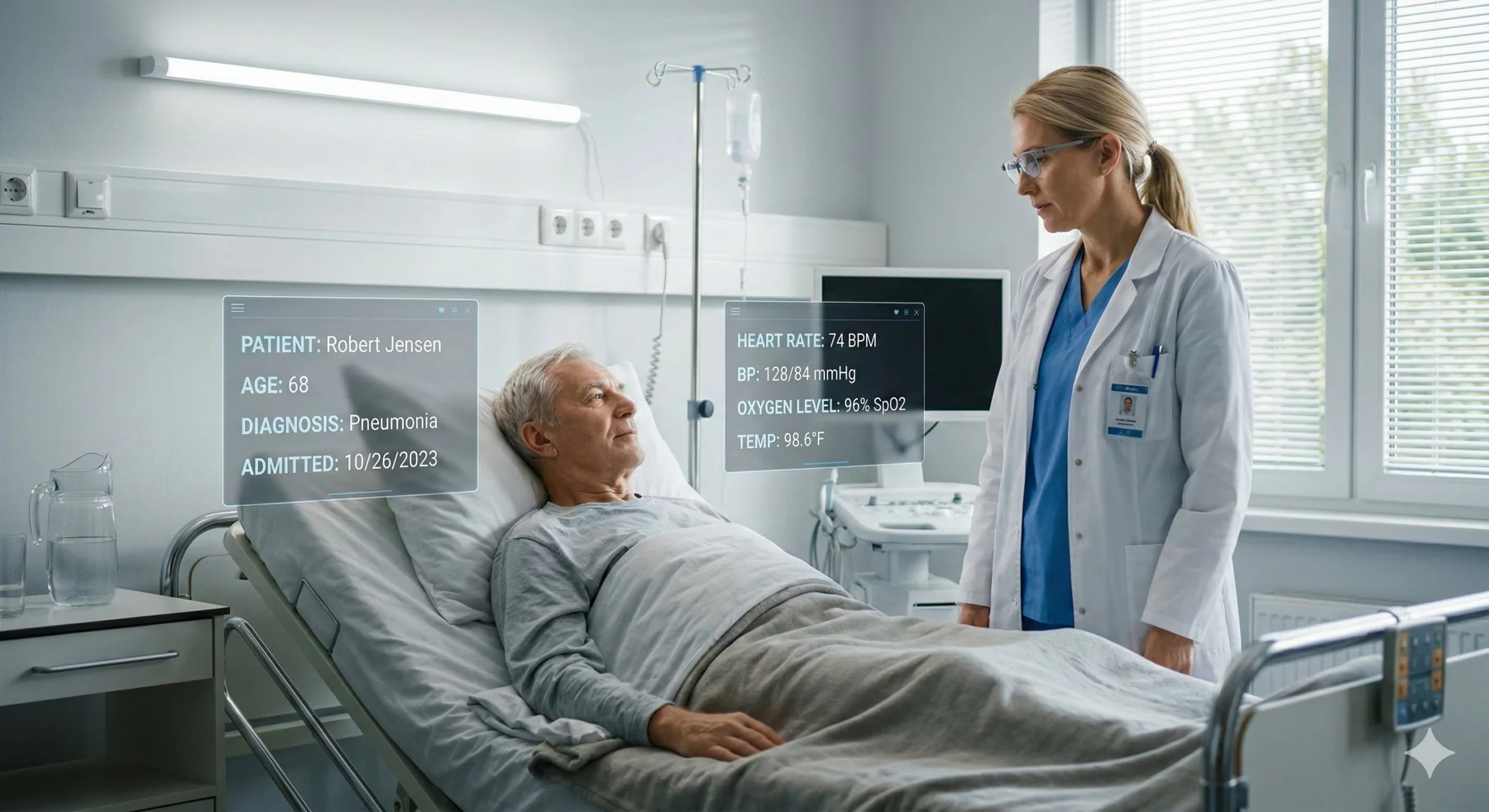 AI image: a doctor at a bedside with the patient's vitals floating beside them