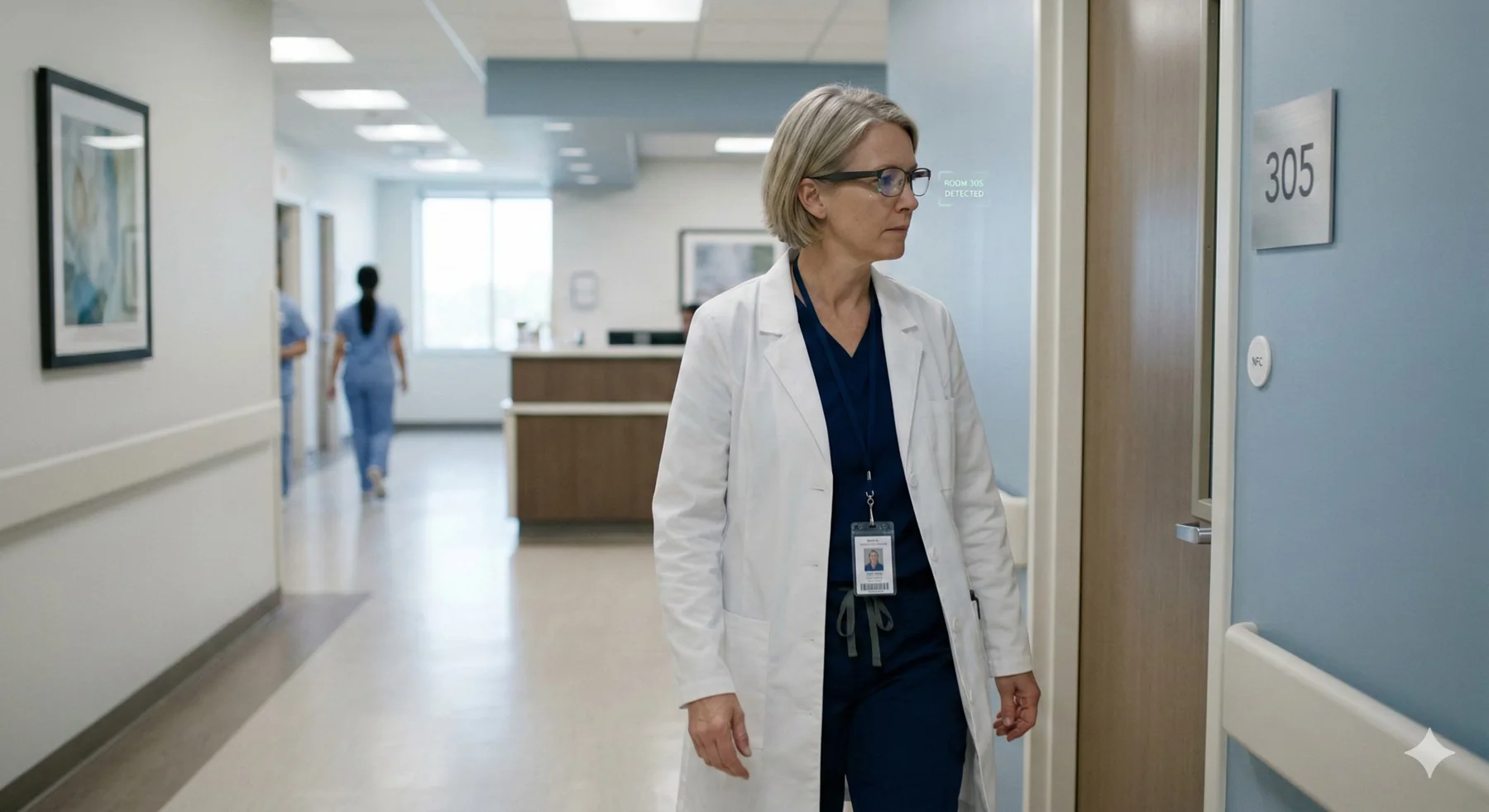 AI image: a doctor walking up to patient room 305