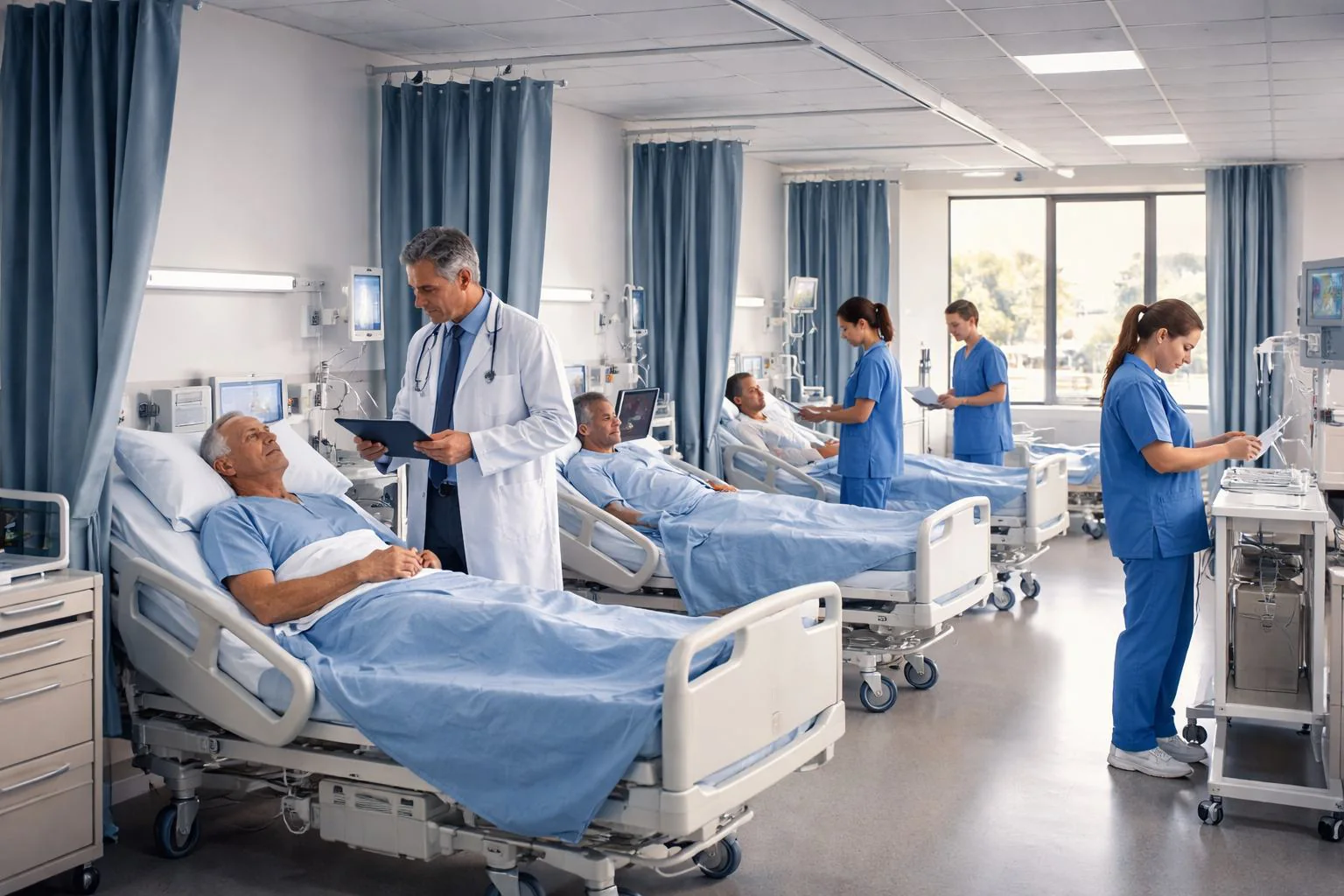 AI image: a doctor on rounds reading a tablet at a patient's bedside