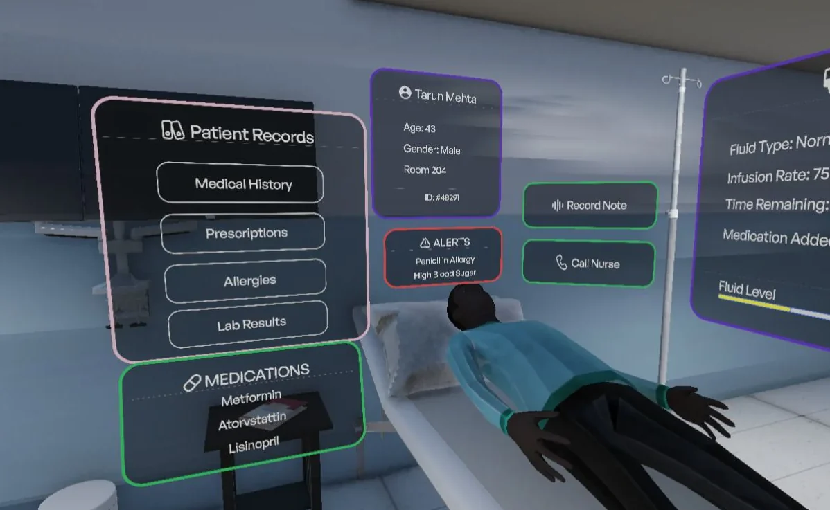 Unity view: patient records and medication panels beside the bed