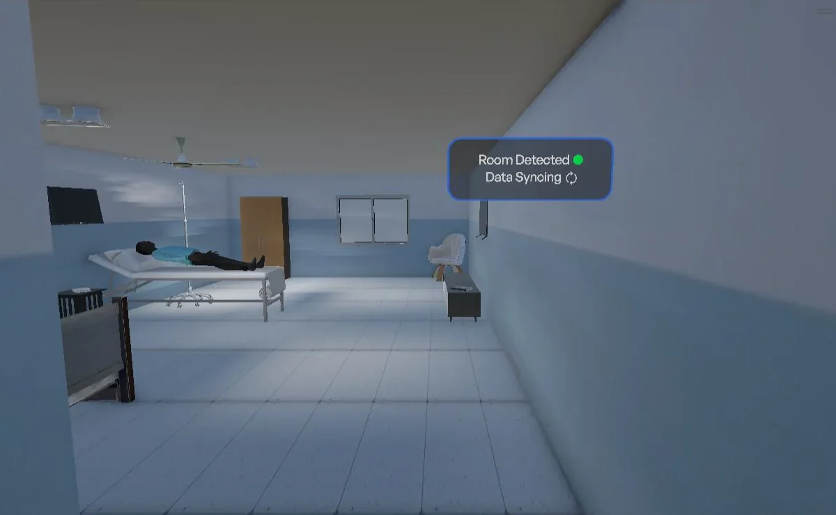 Unity view: walking into a room, the HUD shows Room Detected