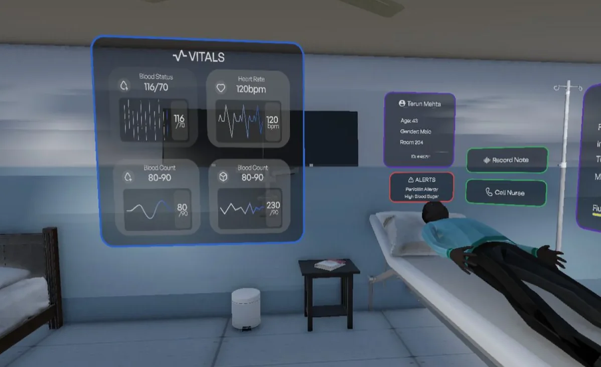Unity view of the virtual ward with floating vitals panels around the patient