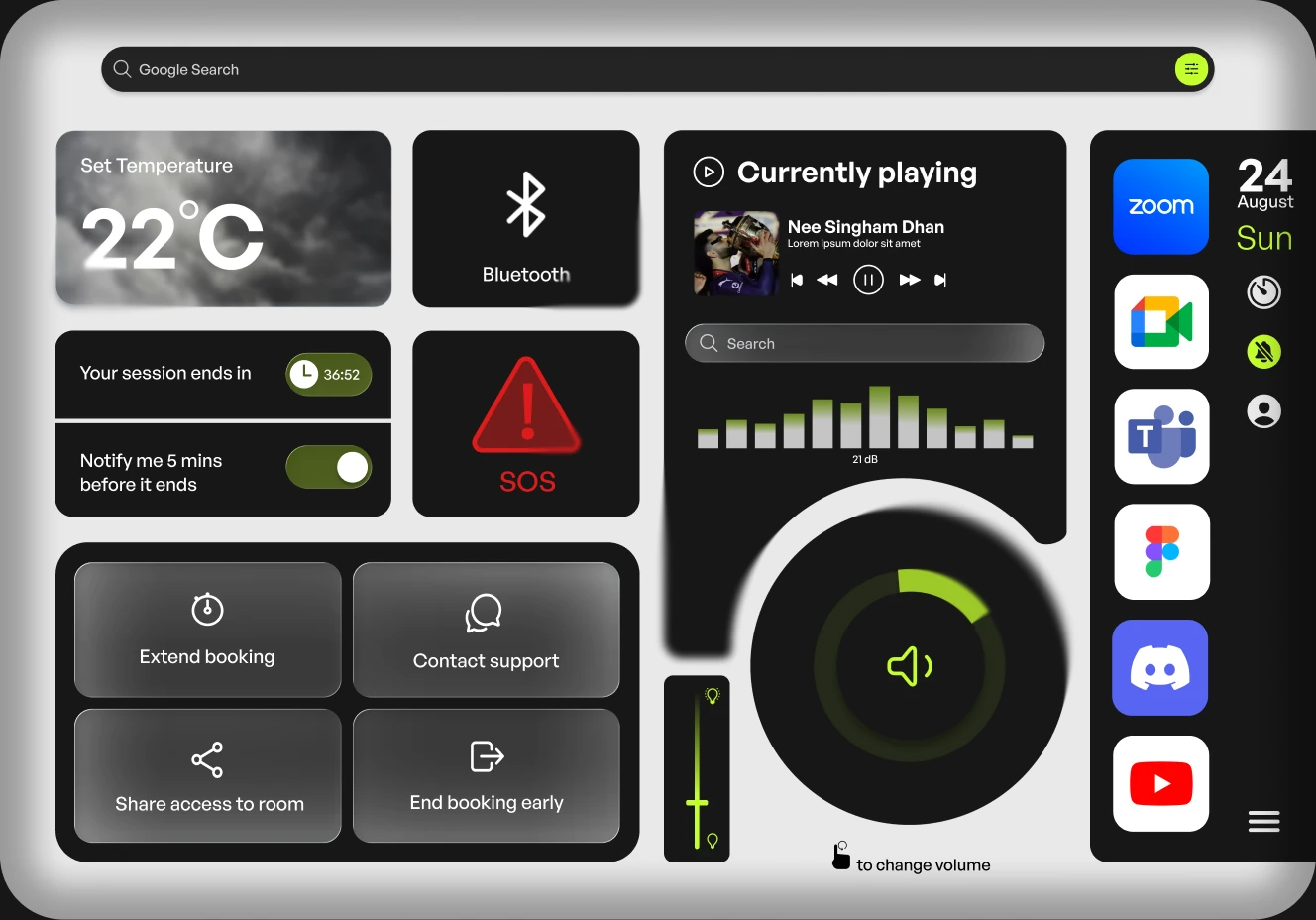 The in-pod screen: timer, SOS, climate, music and pinned meeting apps